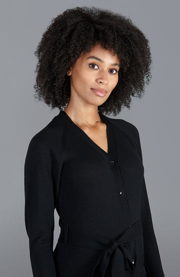 Black womens long line cardigan dress with tie waist by Paul James