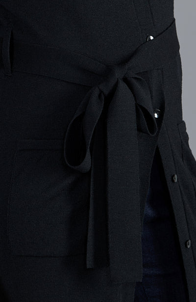 black womens long line cardigan dress with tie waist