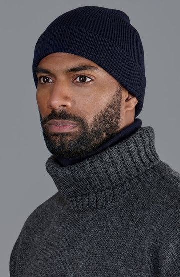 navy mens merino wool beanie hat by Paul James