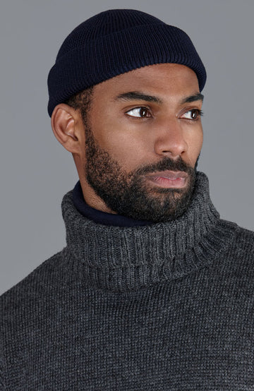 navy mens fisherman merino wool beanie hat by Paul James