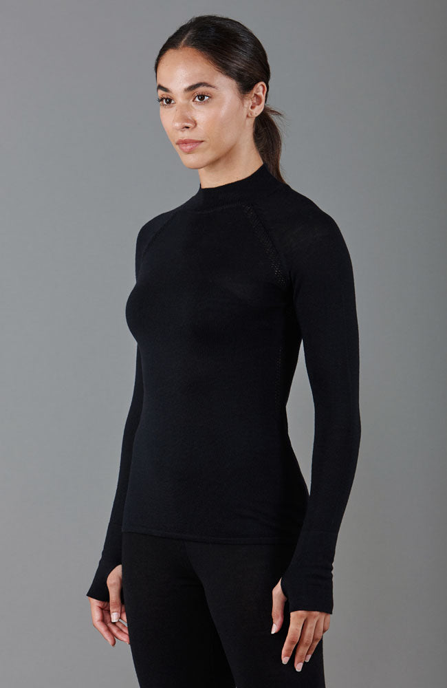 Black womens high neck thermal gym top by Paul James Knitwear