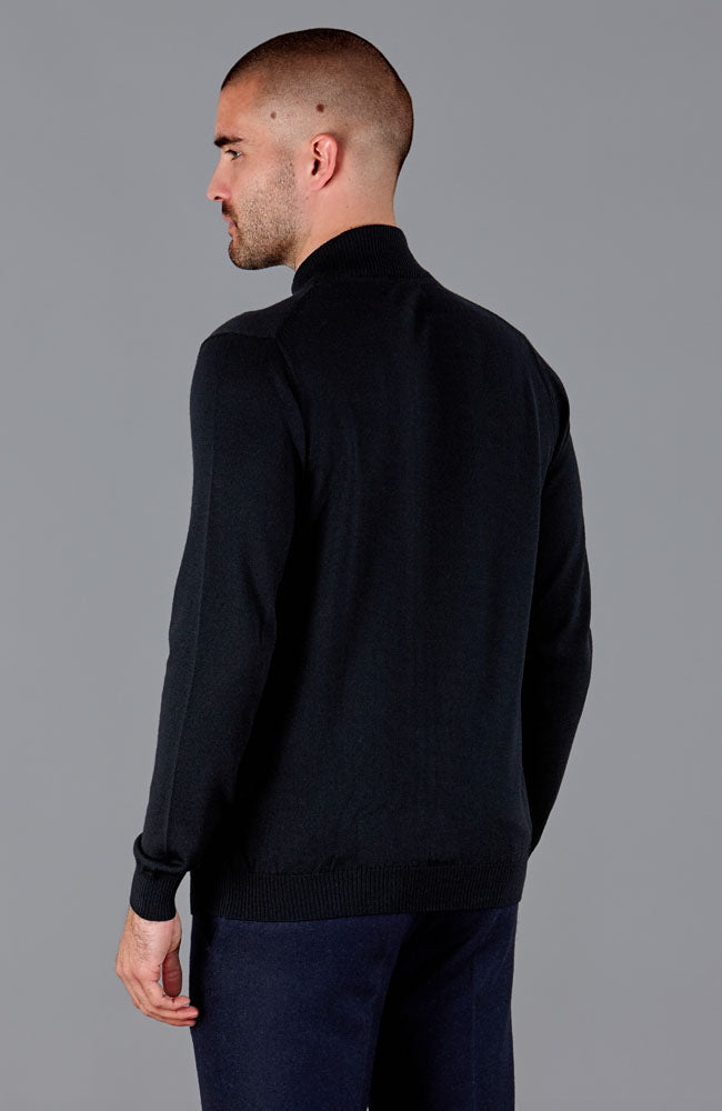 mens black zip through merino wool jumper