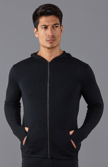mens black merino wool hooded jumper by Paul James