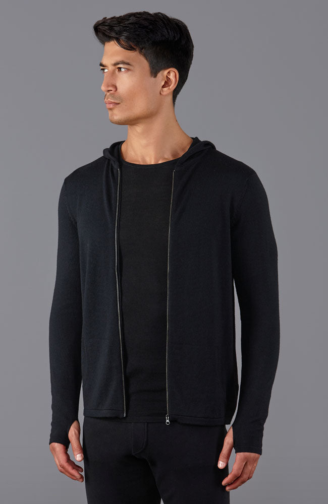 mens black merino wool hooded jumper by Paul James 