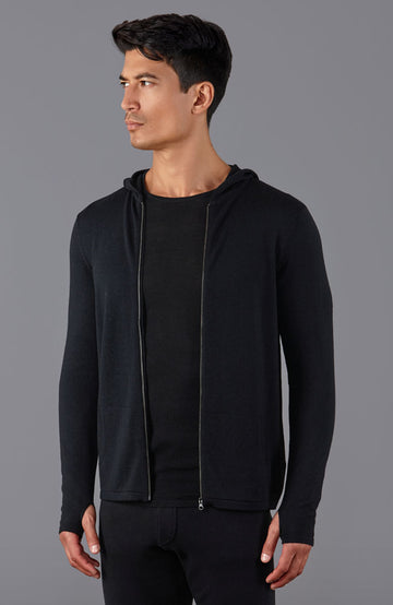 mens black merino wool hooded jumper by Paul James