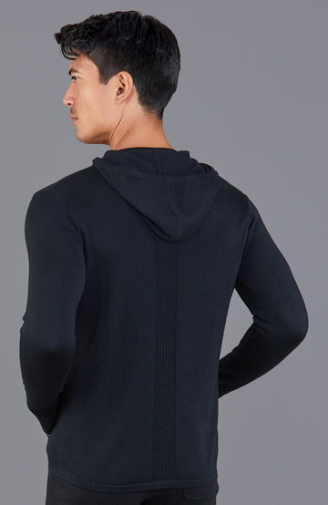 mens black merino wool hooded jumper by Paul James