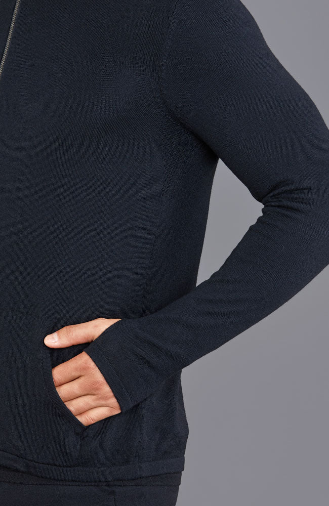 mens black merino wool hooded jumper by Paul James