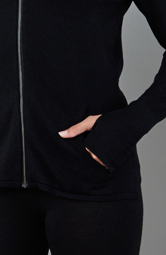 Black womens merino wool hooded jumper by Paul James