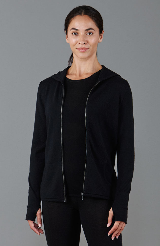 Black womens merino wool hooded jumper by Paul James