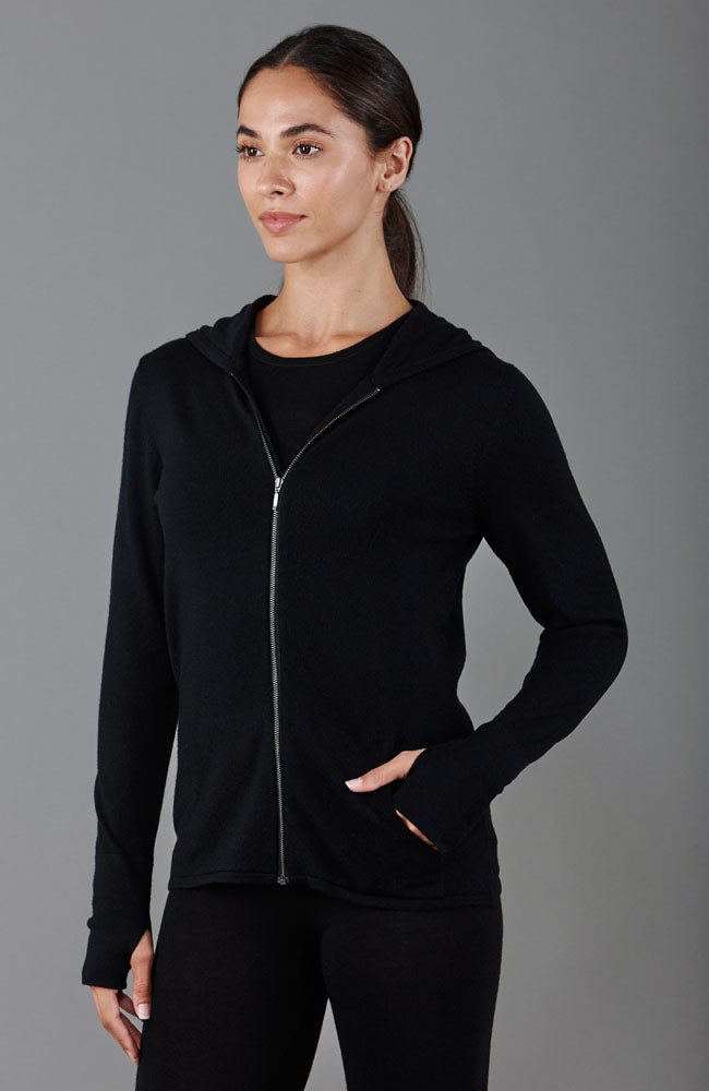 Black womens merino wool hooded jumper by Paul James