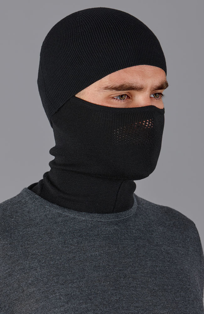 black mens merino wool running face mask and cap by Paul James