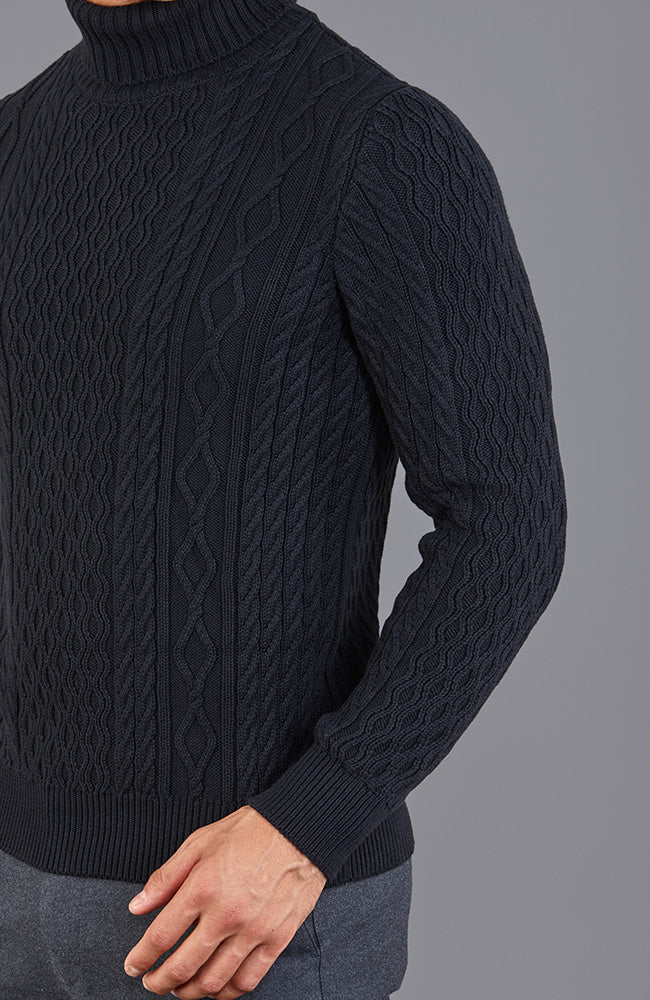 black mens chunky cable roll neck jumper